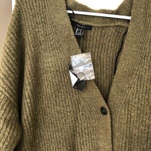 Long thick army green woven cardigan sweater
